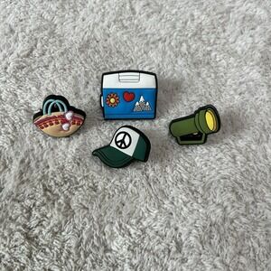 Lot Of 4 Crocs Jibbitz, Camping-Mini Cooler|Flashlight|Hat W/Peace Sign & Purse